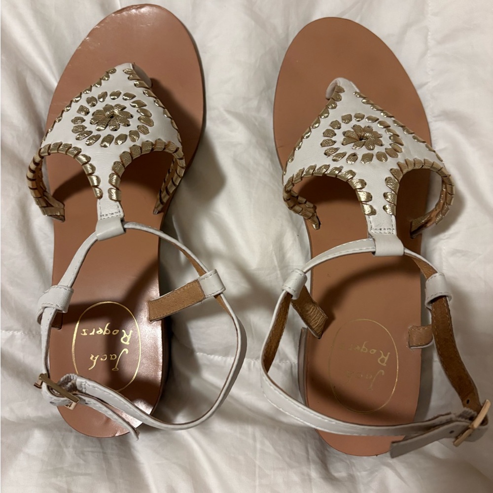 Jack Rogers White and Tan Thong Sandals